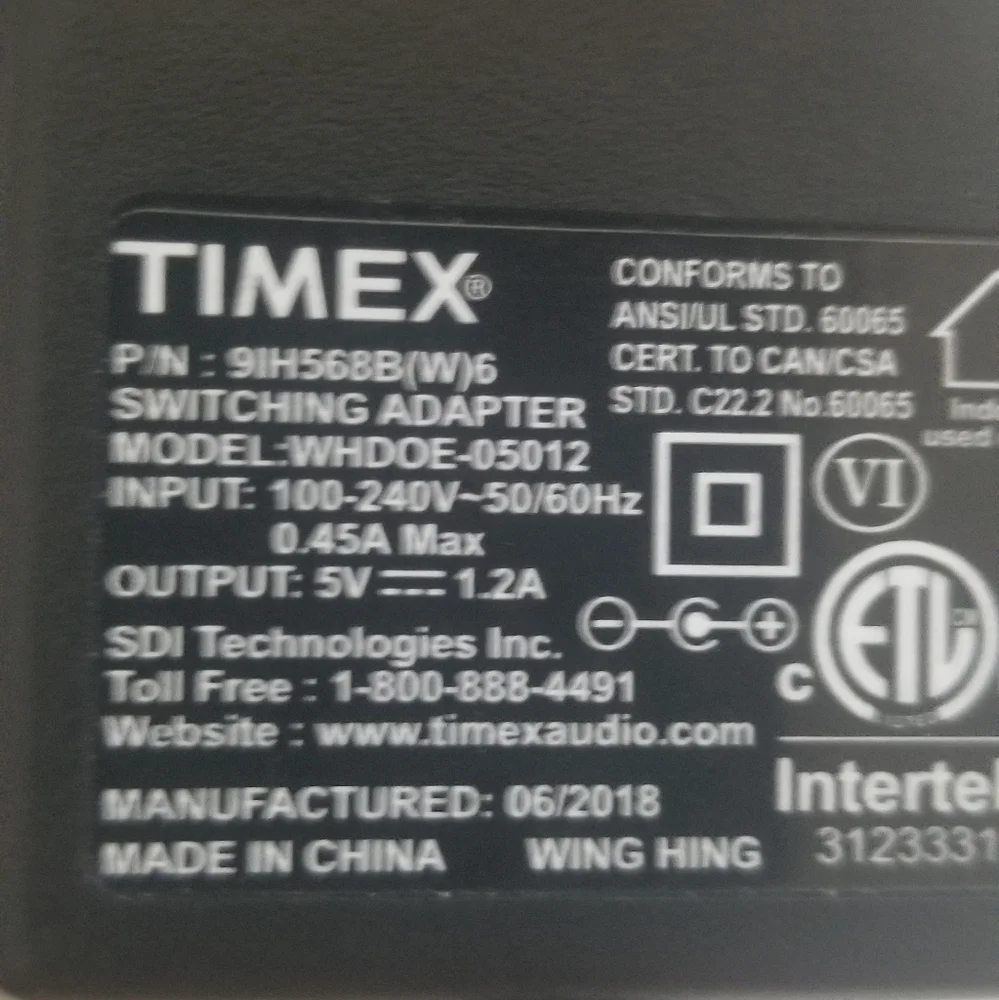 TIMEX Switching Adapter, P/N- 9IH568B(W)6. Model WHDOE-05012, 5V 1.2a